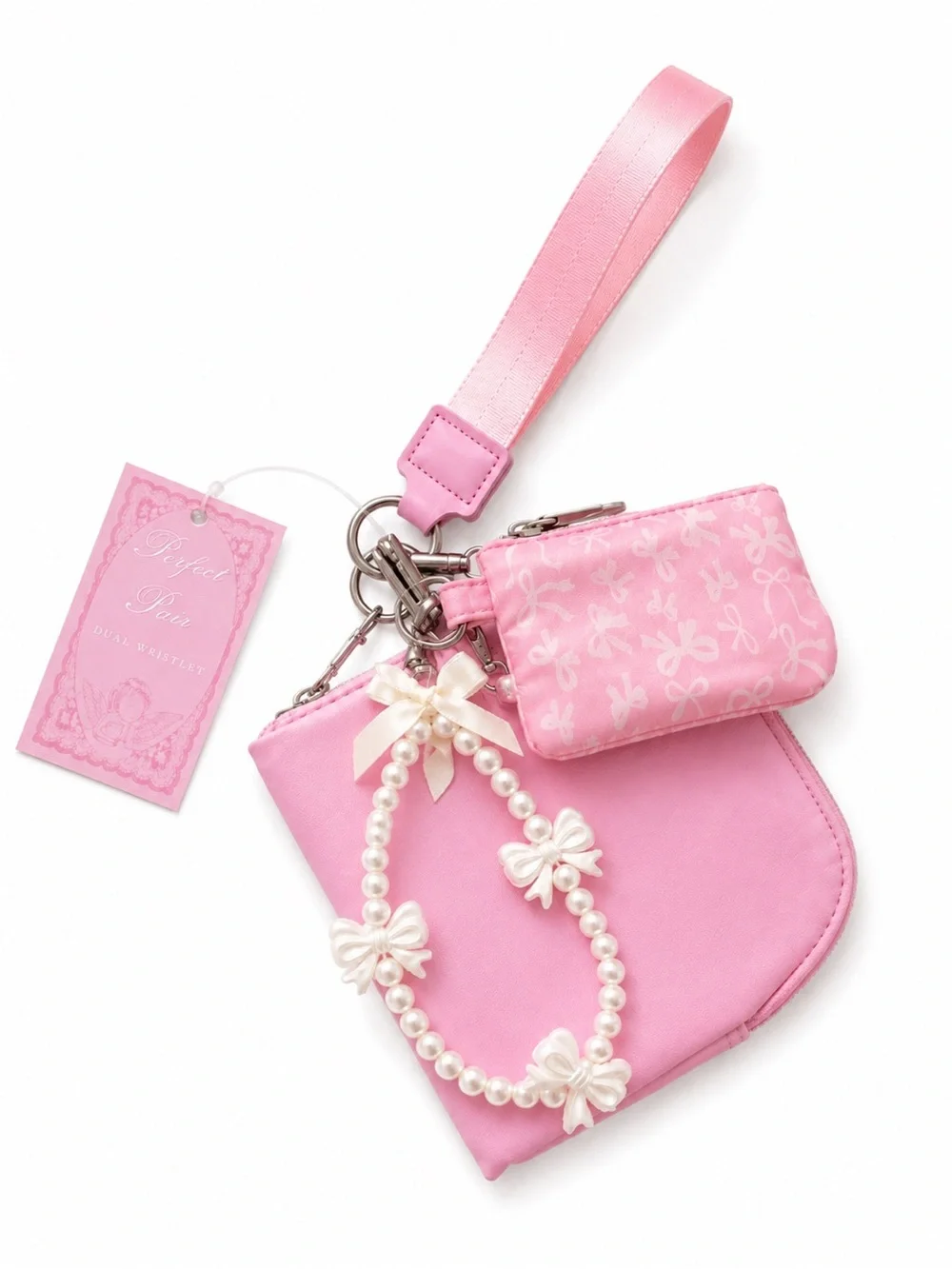 Pink Dual Wristlet Keychain Coin Pouch Card Holder Pearl Bow Charm NWT